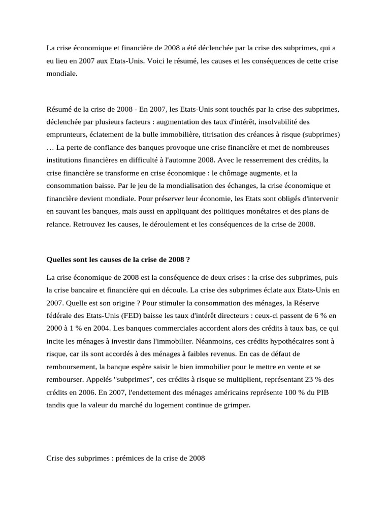 Crise financière de 2008 : causes et impacts | PDF | Crise des ...