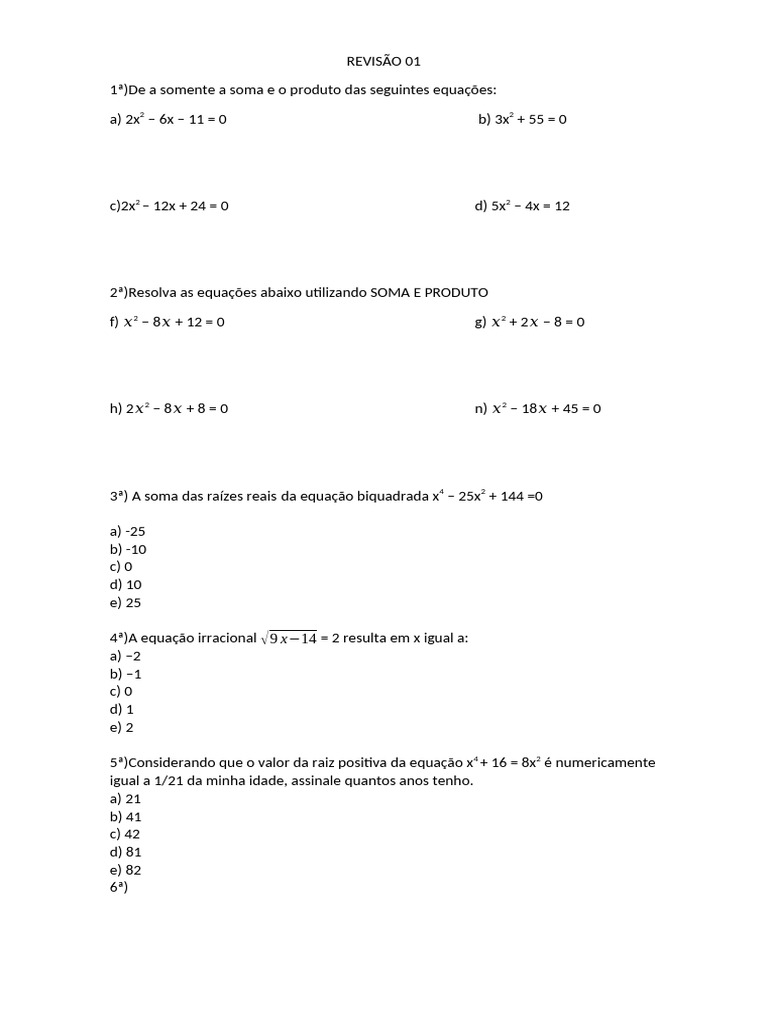 Soma e Produto de Equações Quadráticas | PDF