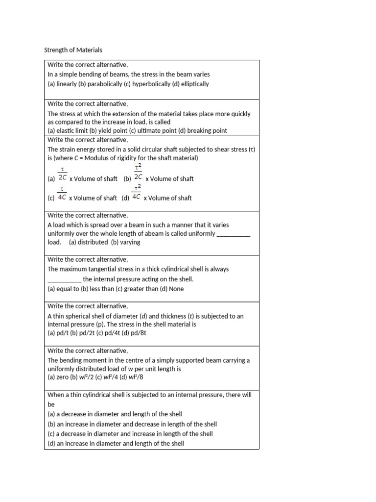 Strength of Materials Quiz Questions | PDF | Bending | Stress (Mechanics)