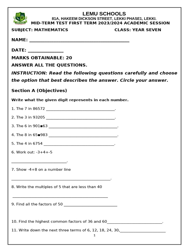 Year 7 Mid-Term Maths Test 2023 | PDF