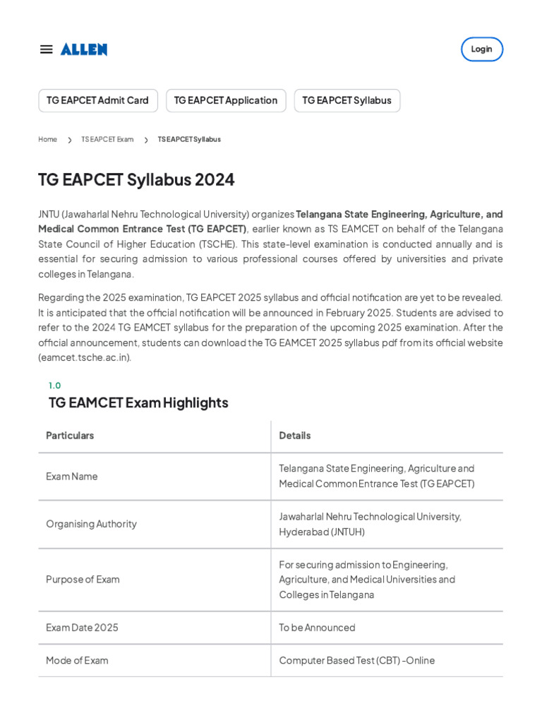 TG EAPCET 2025 Engineering Syllabus PDF | PDF | Chemistry ...