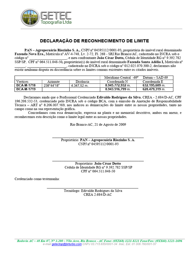 Declaração de Reconhecimento de Limite | PDF | Reforma agrária | Brasil
