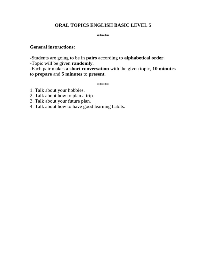 Oral Topics English Basic Level 5 | PDF