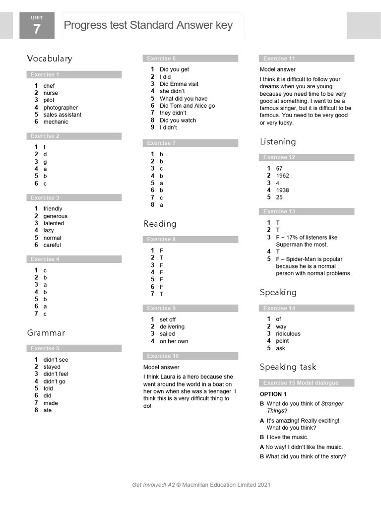 Unit 7 Progress Test Answer Key | PDF