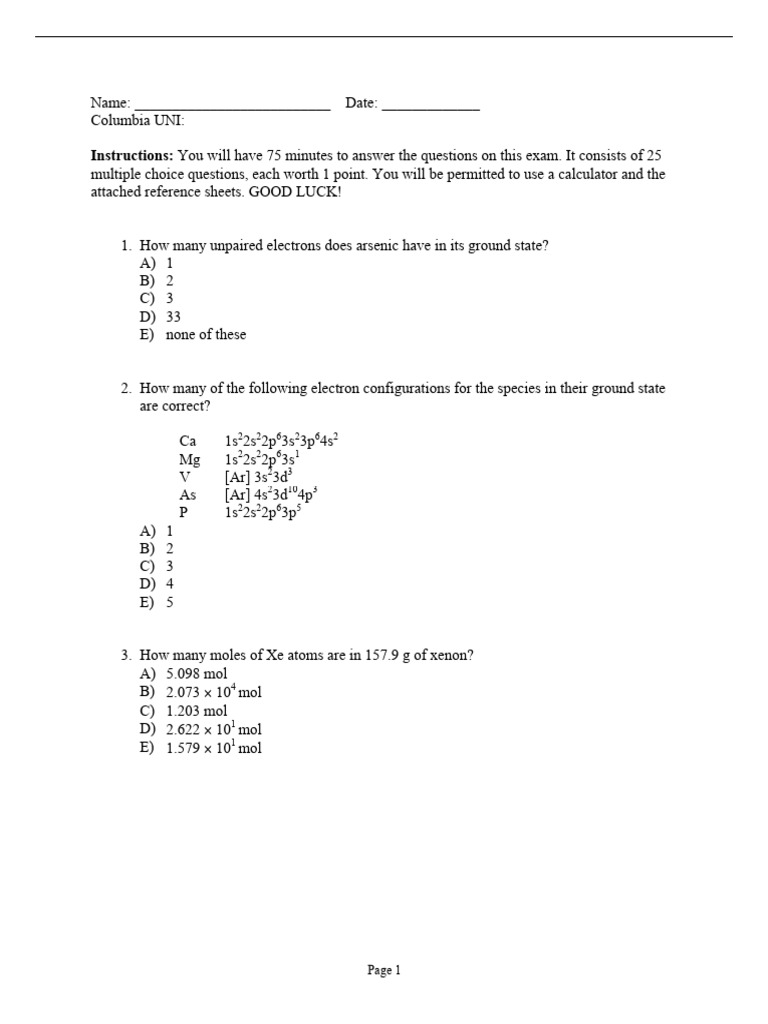 Chemistry Exam Multiple Choice Questions | PDF | Neutron | Atomic Nucleus