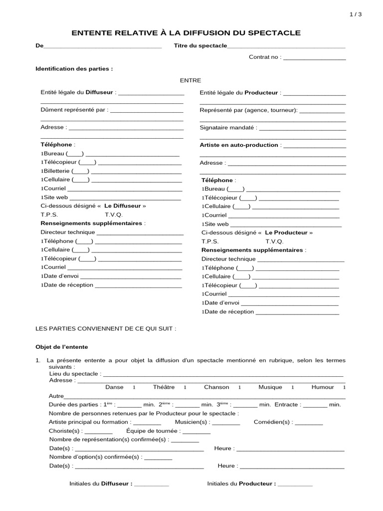 Modèle de contrat de spectacle Word | PDF