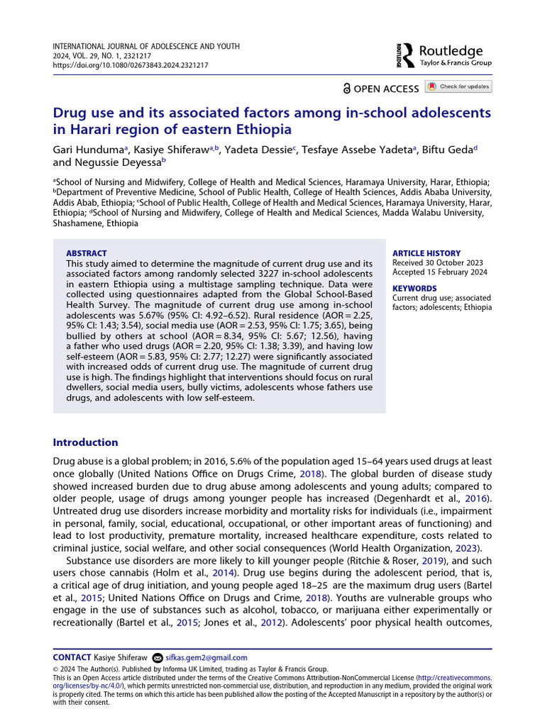 Drug Use Among Adolescents in Ethiopia | PDF | Substance Abuse | Self ...