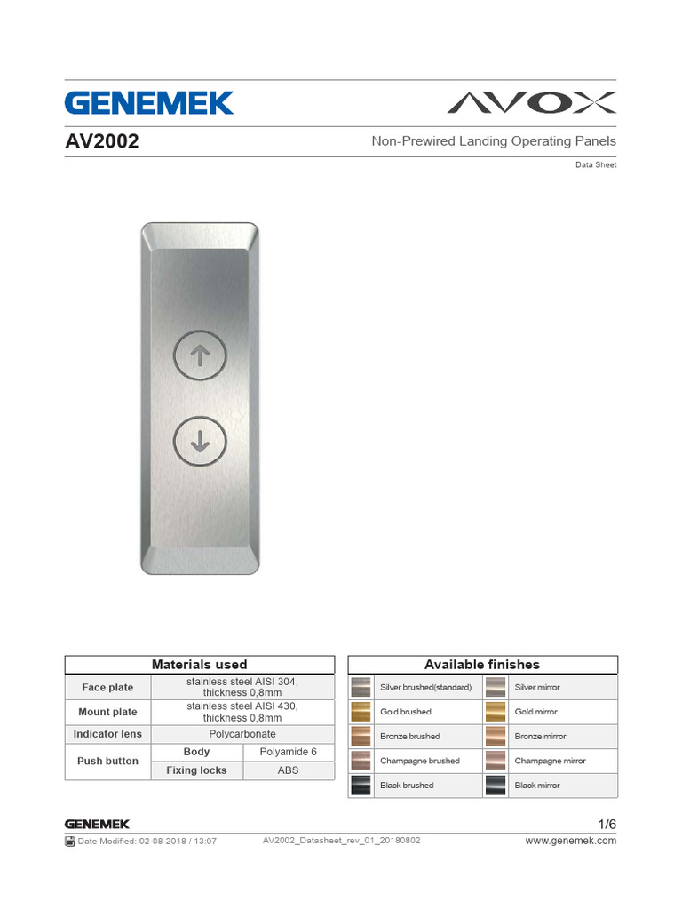 AV2002 Non-Prewired Panel Datasheet | PDF