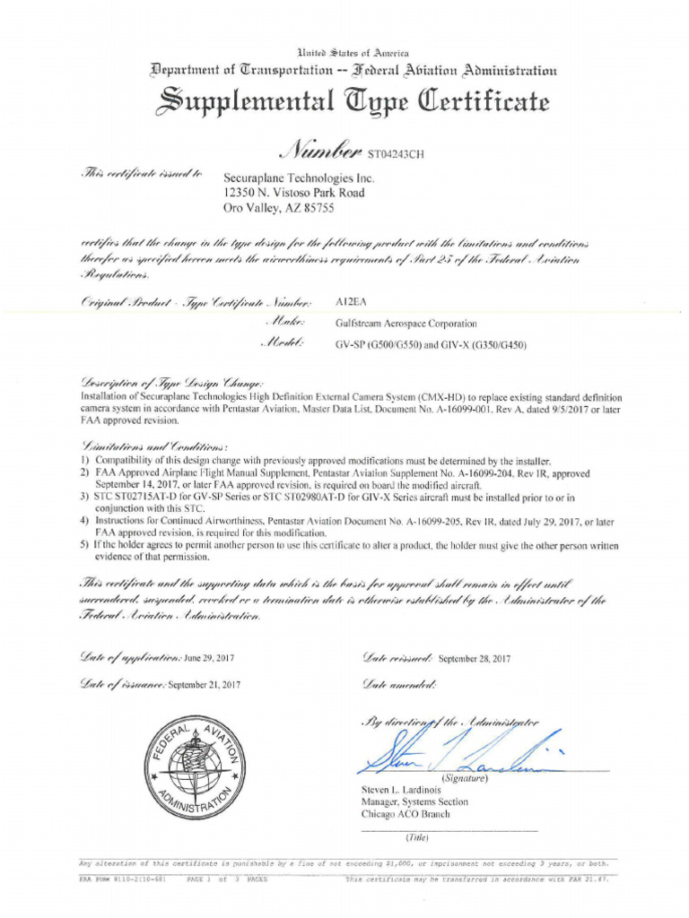 Securaplane Camera System STC Document | PDF | Jet Aircraft | Aircraft