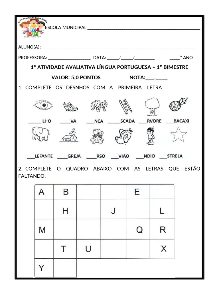 Atividade Avaliativa de Português - 1º Ano | PDF