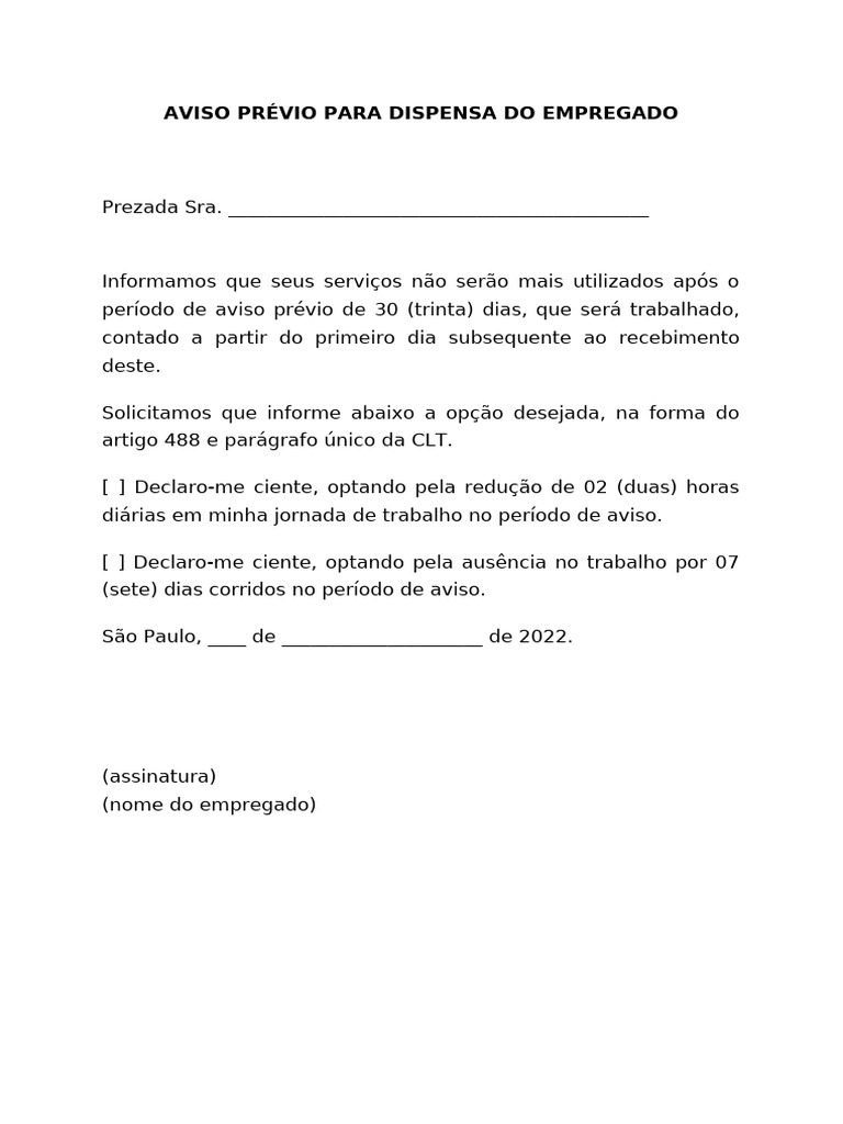 Aviso Prévio de Dispensa de Empregado | PDF
