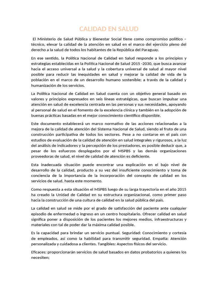 CALIDAD EN SALUD. Unidad I | PDF | Cuidado de la salud