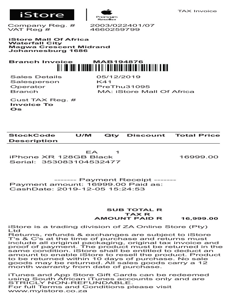 Istore Mall Of Africa Tax Invoice Pdf