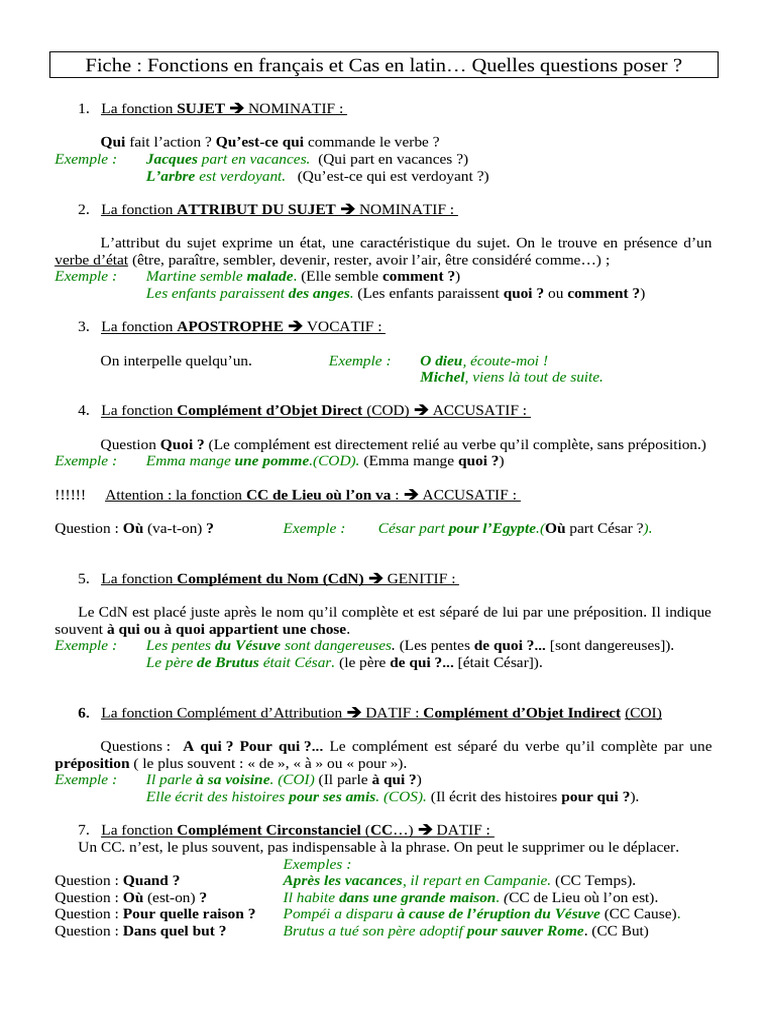 Cas et Fonctions en Latin | PDF | Complément d'objet | Morphologie ...