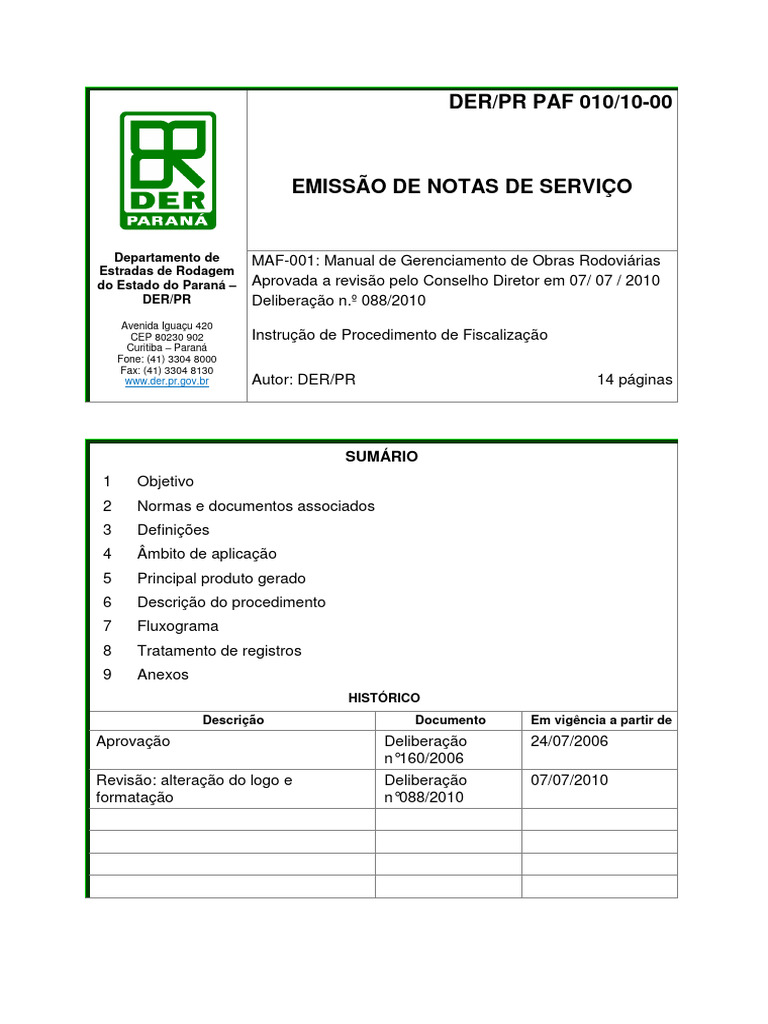 Emissão de Notas de Serviço DER/PR | PDF