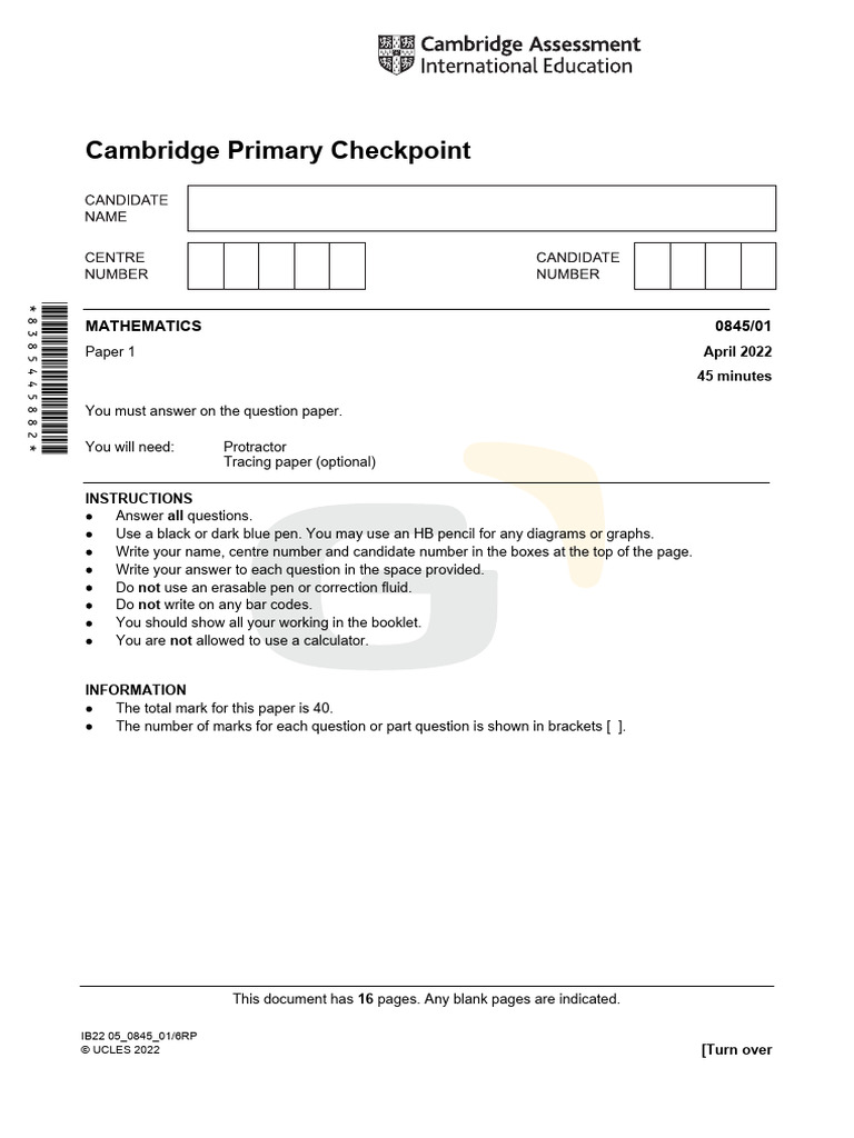 Cambridge Primary Checkpoint Math Exam | PDF | Numbers | Mathematics
