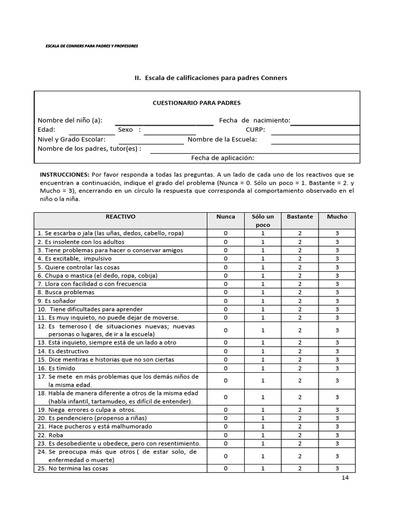 Cuestionario Conners para Padres | PDF