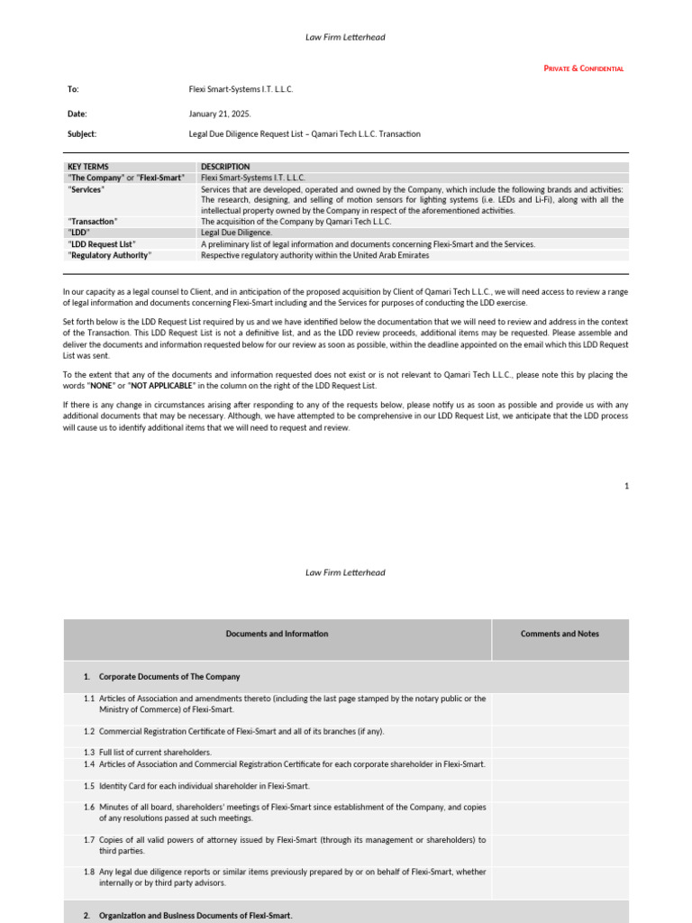 Task 2 - Template - Legal Due Diligence Request List | PDF ...
