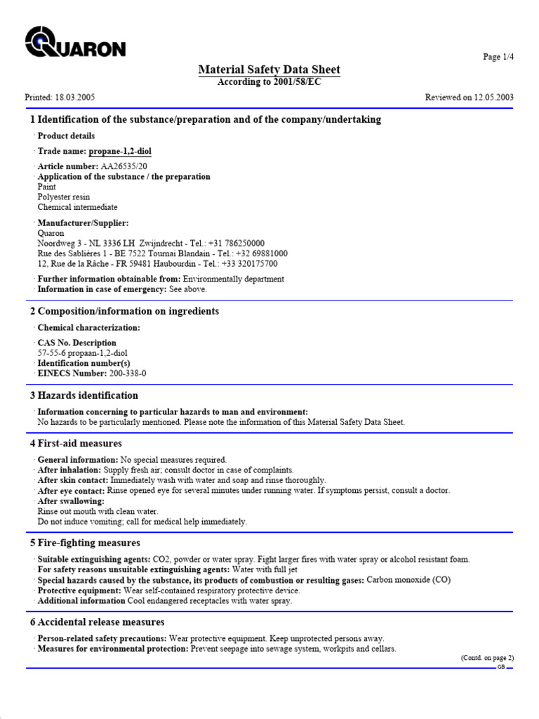 Propylene Glycol MSDS Overview | PDF | Dangerous Goods | Materials