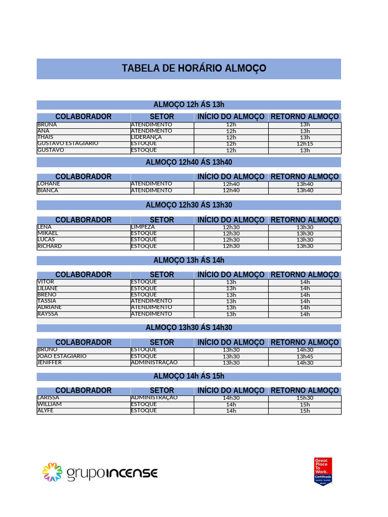 Tabela Horário de Almoço | PDF