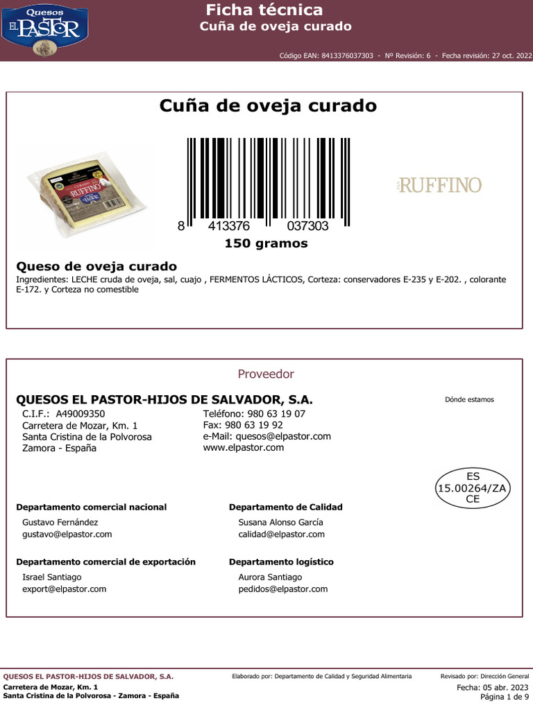 2010 Ficha Técnica Oveja Curado Cuña San Ruffino El Pastor 150 Gramos ...