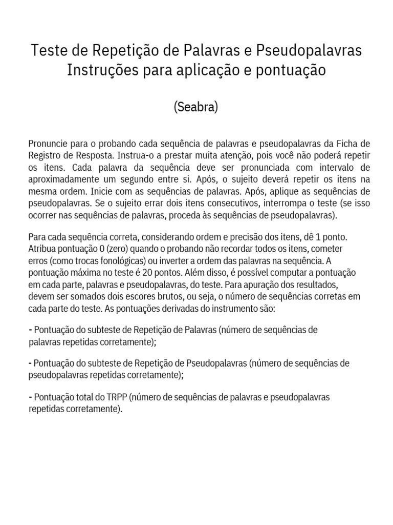 Teste de Repetição de Palavras e Pseudopalavras | PDF