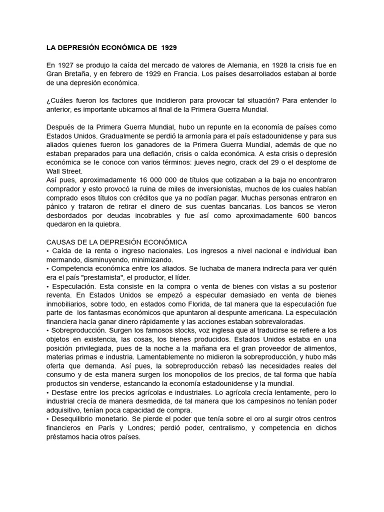 Causas y Consecuencias de la Depresión del 29 | PDF | Gran depresion ...