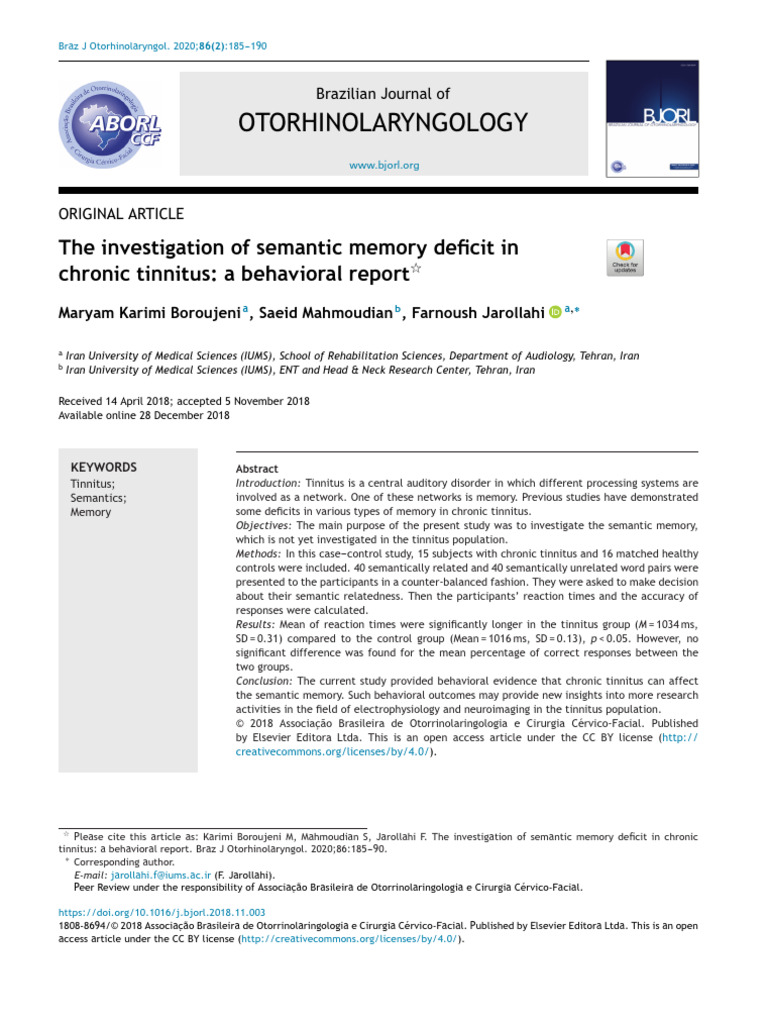 Semantic Memory Deficits in Tinnitus | PDF | Tinnitus | Mental Chronometry