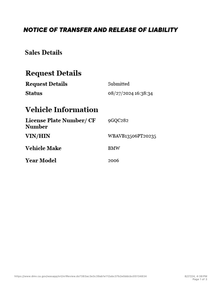 California DMV Transfer Notice Form | PDF | Vehicles | Transport