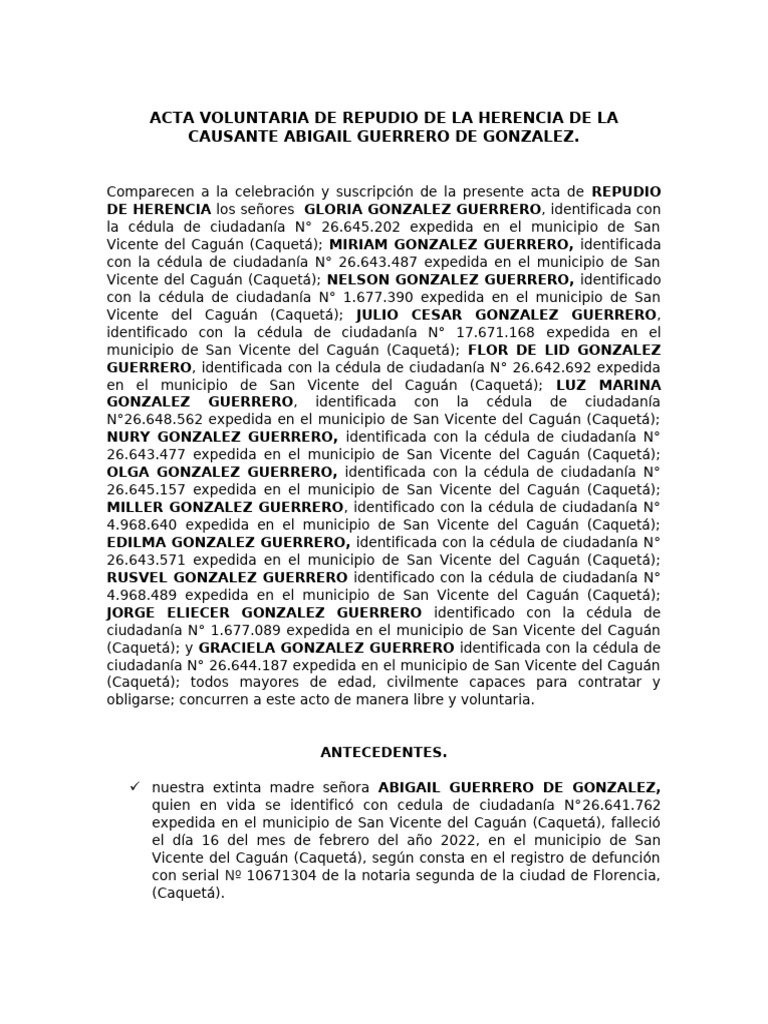 Acta de Repudio de Herencia en Colombia | PDF | Intestacy