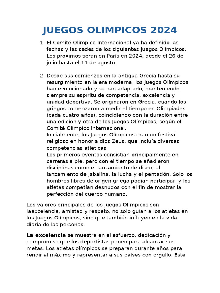 Juegos Olímpicos París 2024: Historia y Valores | PDF | Juegos ...