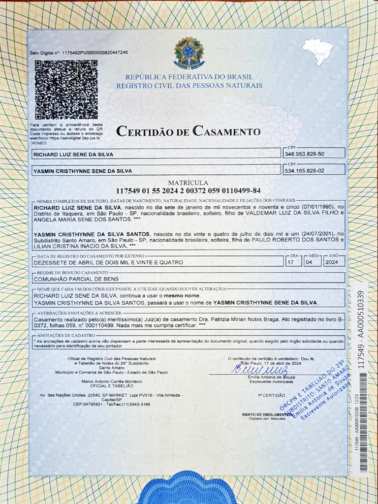 Certidão de Casamento Richard e Yasmin | PDF