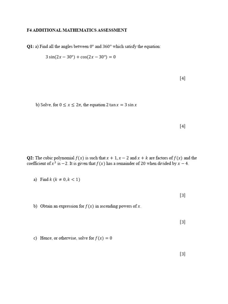 F4 Additional Mathematics Assessment | PDF
