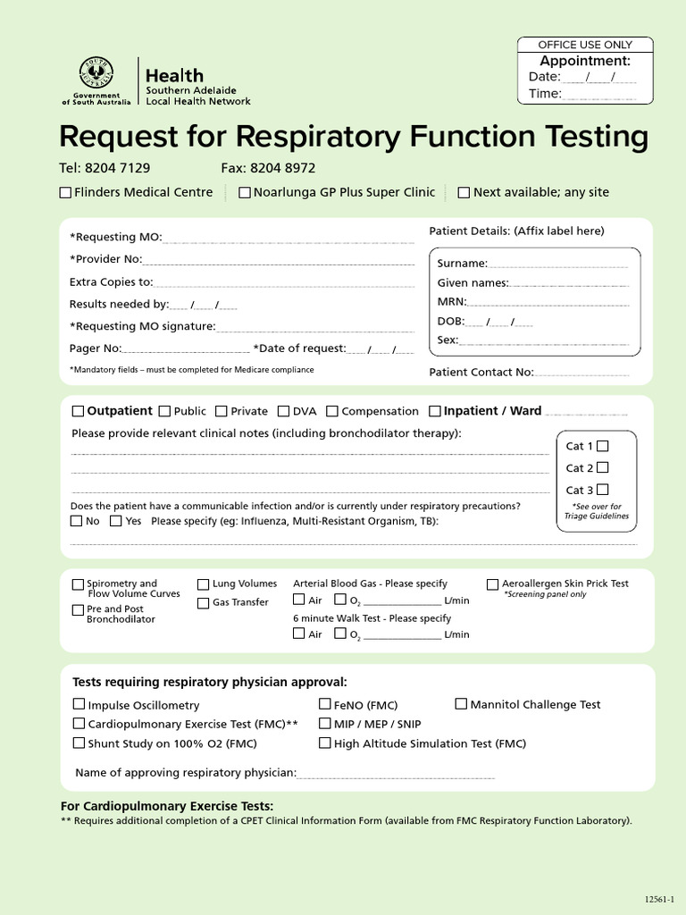 Respiratory Function Testing Request Form | PDF | Patient | Surgery