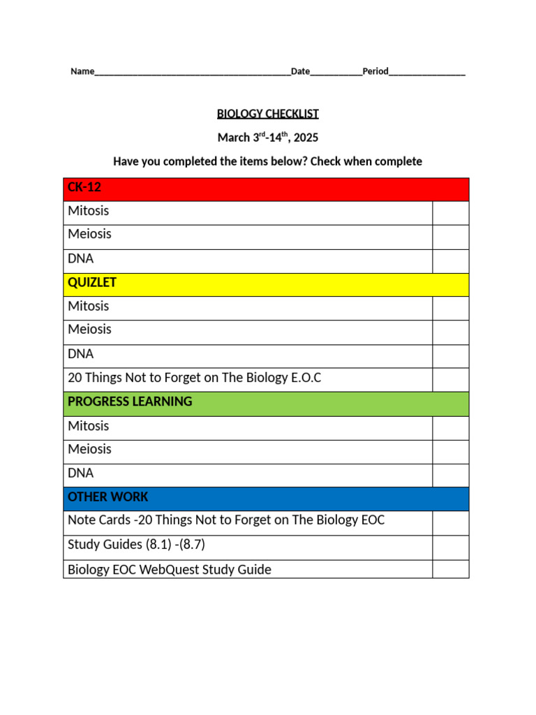 Biology EOC Study Checklist | PDF