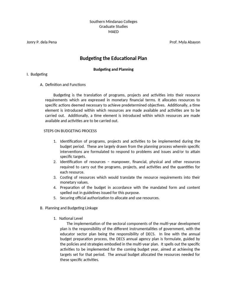 Budgeting The Educational Plan | PDF | Budget | Economies