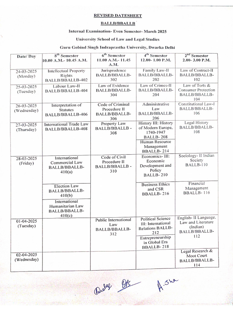 Revised Internal Exam Date Sheet BALLB & BBALLB March, 2025 | PDF