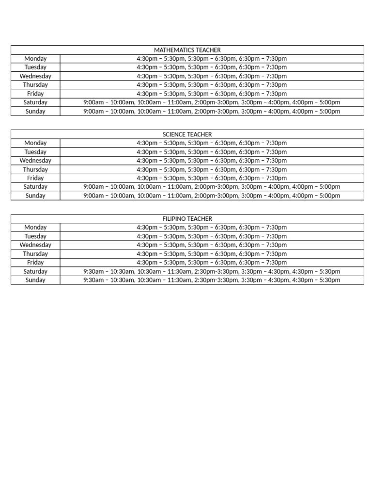 Weekly Class Schedule for Teachers | PDF