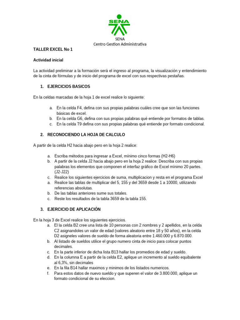 Taller de Excel: Ejercicios Básicos y Avanzados | PDF | Microsoft Excel ...