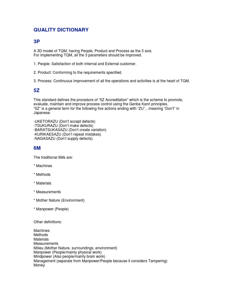Quality Dictionary | PDF | Type I And Type Ii Errors | Six Sigma
