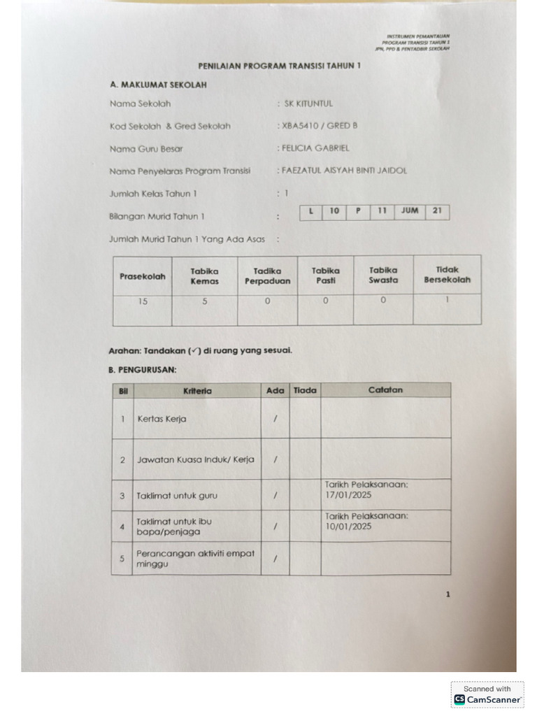 Instrumen Pemantauan Transisi Tahun 1 2 | PDF
