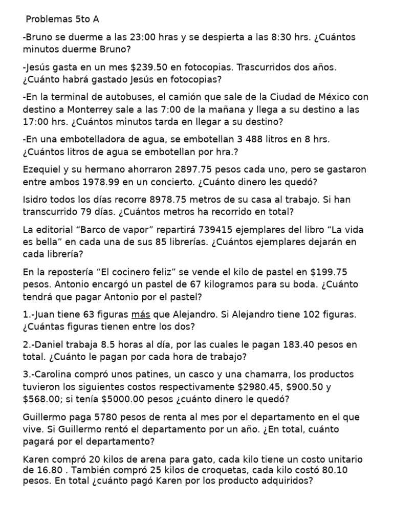 Problemas Matemáticos para 5to A | PDF