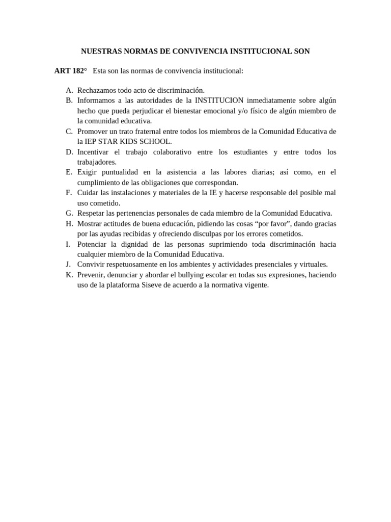 Normas de Convivencia en IEP Star Kids | PDF