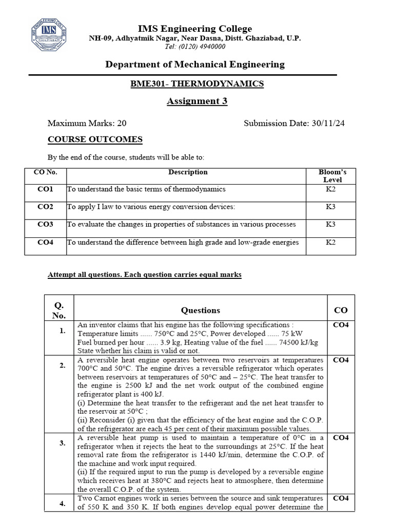 Thermodynamics Assignment 3 for BME301 | PDF | Heat | Temperature