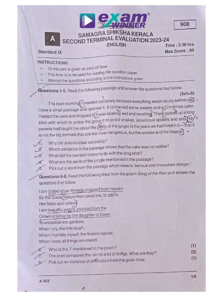 Exam Winner STD 9 English Second Term 2023 24 Paper | PDF