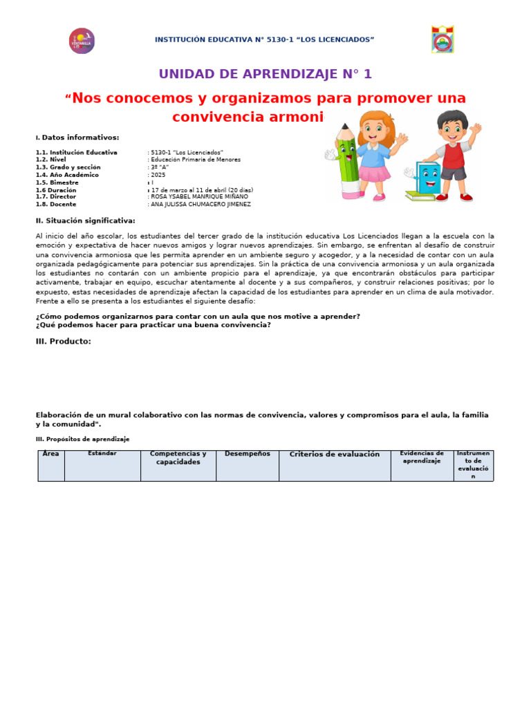 UNIDAD DE APRENDIZAJE N° 1- 2025 | PDF | Salón de clases | Las emociones
