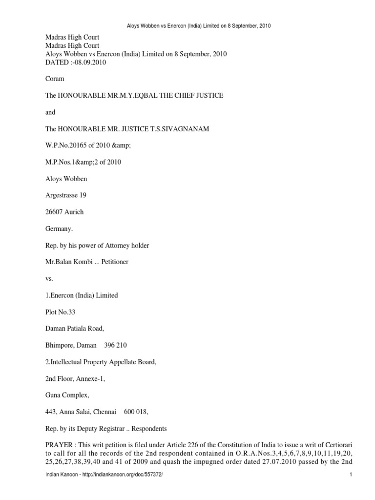 Aloys Wobben Vs Enercon (India) Limited On 8 September, 2010 | PDF