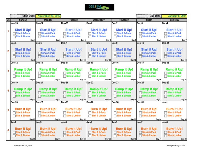 Printable Slim In 6 Workout Calendar