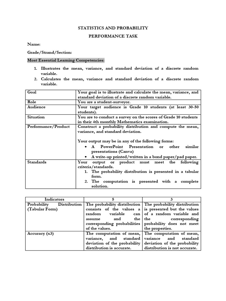 Grade 10 Statistics Performance Task | PDF | Variance | Probability ...