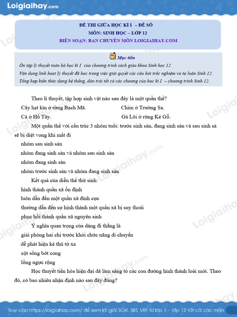 De Kiem Tra Giua Ki 2 Sinh 12 de So 1 Co Loi Giai Chi Tiet 1672806041 | PDF